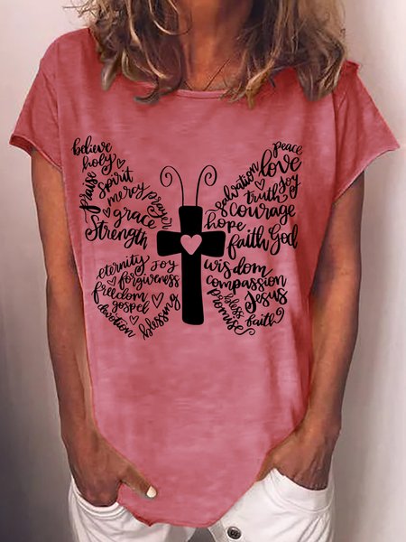 

Women's Jesus Christian Butterfly Crew Neck Casual T-Shirt, Red, T-shirts