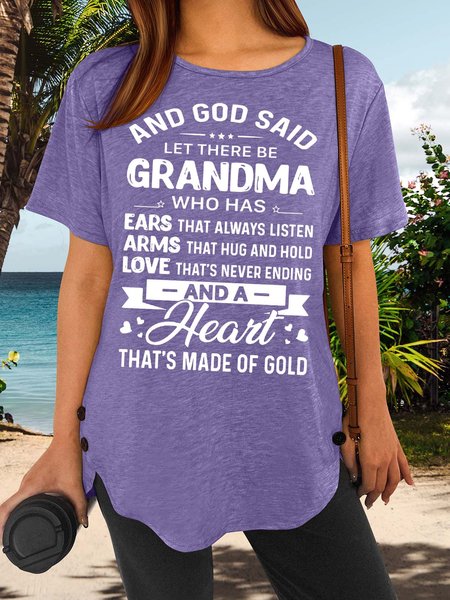 

Women’s God Said Let There Be Grandma Who Has Ears That Always Listen Casual Cotton-Blend Text Letters T-Shirt, Purple, T-shirts