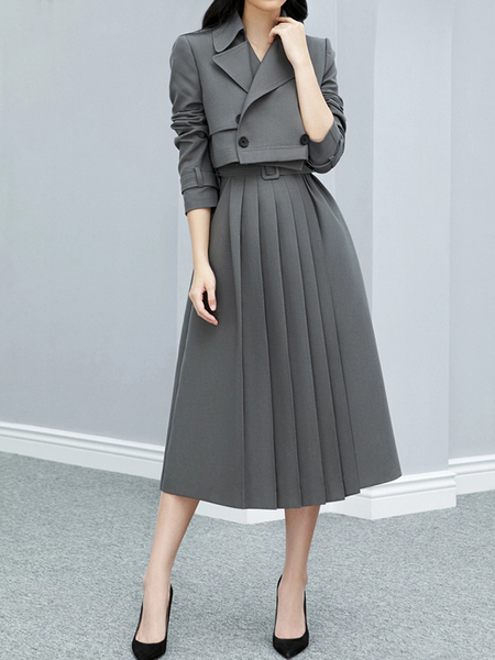 Regular Fit Plain Elegant Lapel Collar Trench Long sleeve Mid-long Coat, Gray, Coats