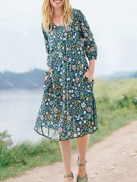 

Urban V Neck Loose Floral Dress, Multicolor, Dresses