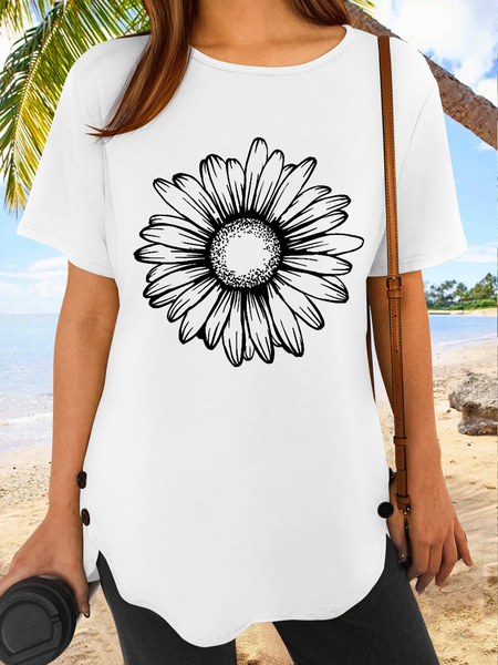 

Women‘s Summer Daisy Cotton-Blend Loose Casual T-Shirt, White, T-shirts