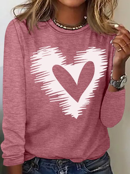 

Women's Retro Valentine Heart Print Casual Crew Neck Letters Top, Rose red, Long sleeves