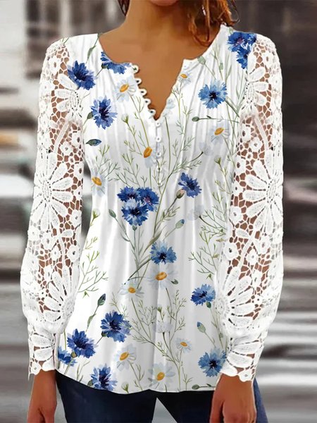 

V Neck Floral Casual Regular Fit Top, White, Tops