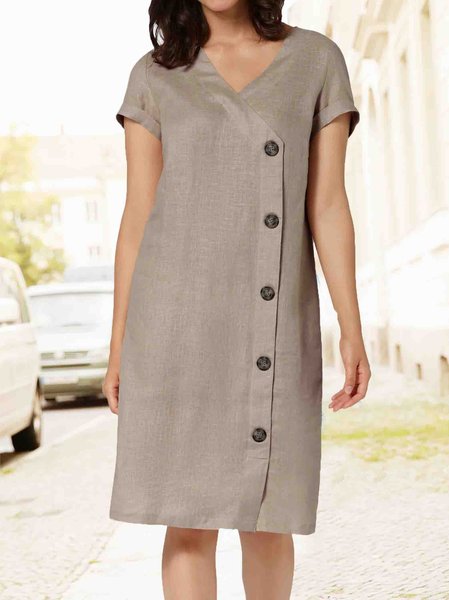 

Button Linen Casual Plain Loose Dress, Khaki, Dresses