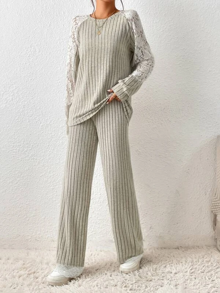 

Knitted Casual Loose Crew Neck Two-Piece Set, Light gray, Suit Set
