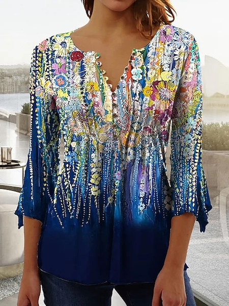 

V Neck Loose Floral Casual Top, Multicolor, Shirts & Blouses