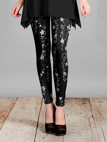 

Floral Casual Regular Fit Leggings, Black, Leggings