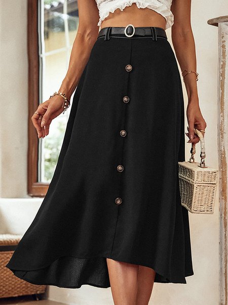 

Buttoned Loose Elegant Plain Skirt, Black, Skirts