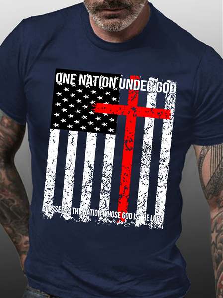 

Men's One Nation Under God Bless Is The Nation Whose God Is The Loro American Flag Graphic Print Cotton Casual Text Letters T-Shirt, Purplish blue, T-shirts