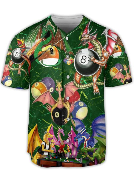 Billiards Dragons Short Sleeve Baseball Shirt, Green, Baseball Shirts