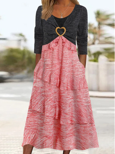 

Women's Long Sleeve Scoop Neck Graphic Midi Dress, Pink-gray, Dresses