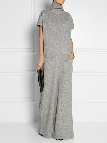 

Short sleeve Simple Turtleneck Loose Plain Romper, Gray, Jumpsuits