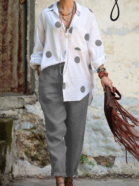

Shawl Collar Loose Casual Polka Dots Two-Piece Set, Gray, Suits