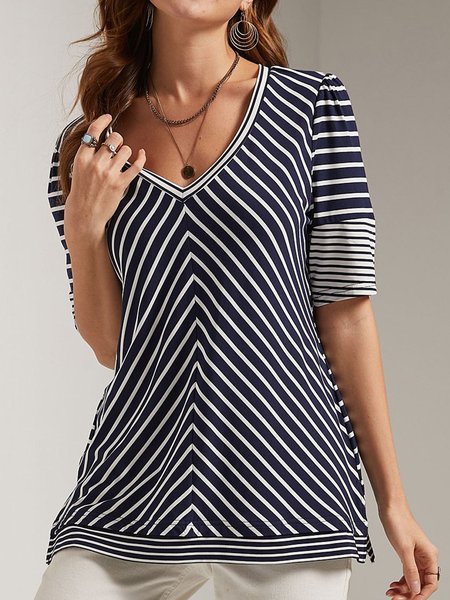 

Loose Striped V Neck Casual Top, Black, Tops