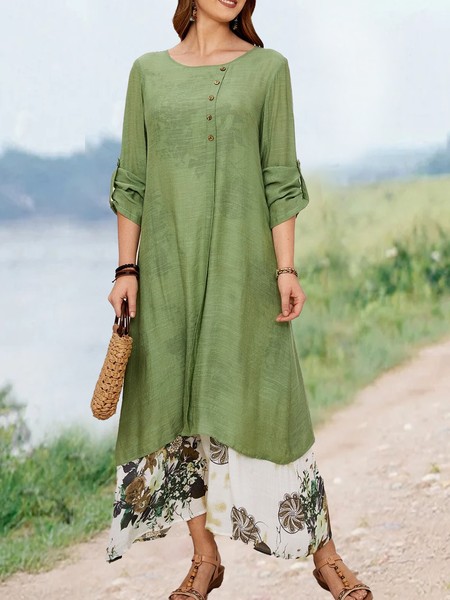 

2 In 1 Floral Roll Up Sleeve Tunic Dress, Green, Dresses