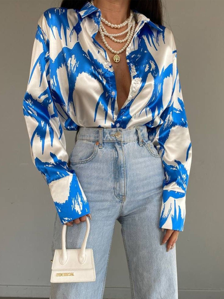 

Shirt Collar Satin Painting Elegant Blouse, As picture, Blouses and Shirts