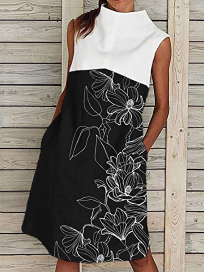 

Floral Casual Loose Stand Collar Dress, Black-white, Dresses
