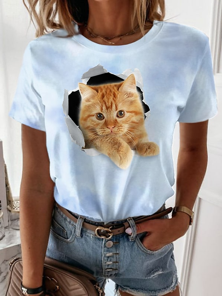

Cat Regular Fit Casual Crew Neck T-Shirt, Blue, T-Shirts