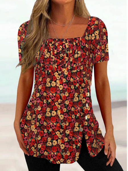 

Floral Square Neck Casual T-Shirt, Multicolor, T-Shirts