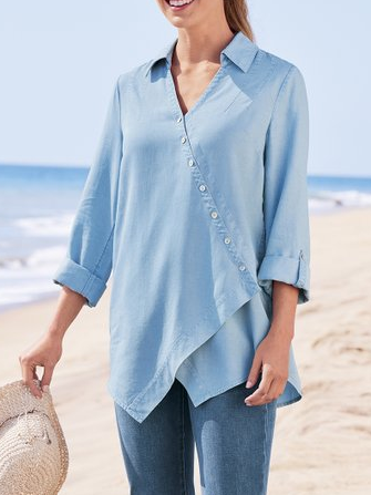 Loose Shirt Collar Casual Denim Shirt, Blue, Shirts & Blouses