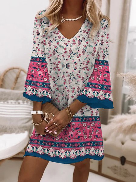 

Casual V Neck Floral Loose Dress, Multicolor, Dresses