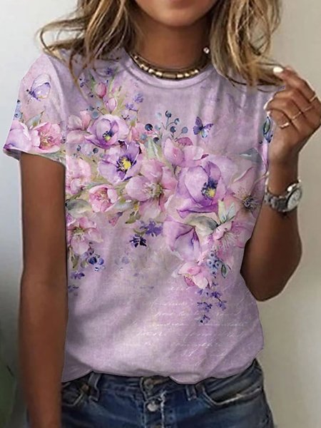 Floral Crew Neck Loose Casual T-Shirt, Purple, T-shirts