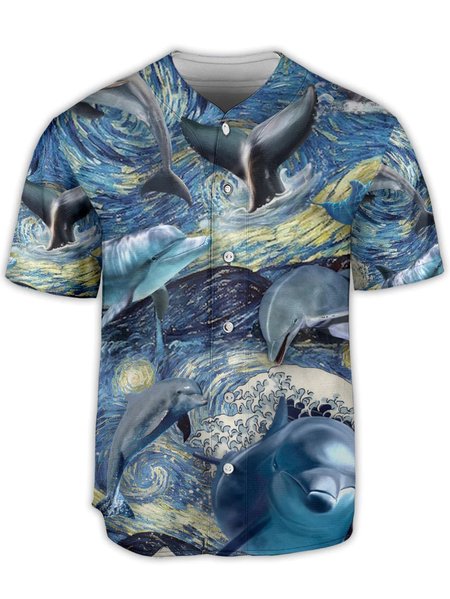 

Starry Night Dolphin Short Sleeve Baseball Shirt, Blue, Baseball Shirts