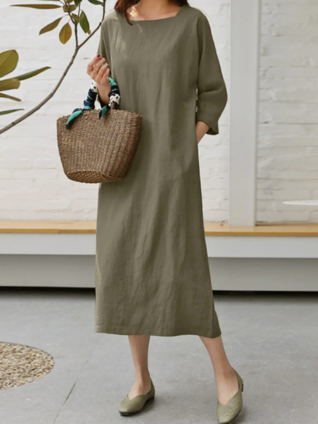 

Cotton And Linen Plain Regular Fit Casual Dress, Green, Dresses