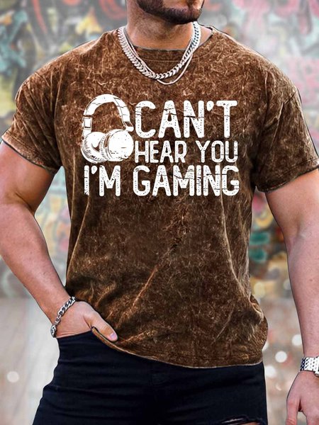 

Men's Can't Here You I Am Gaming Funny Graphic Print Loose Text Letters Crew Neck Casual T-Shirt, Brown, T-shirts