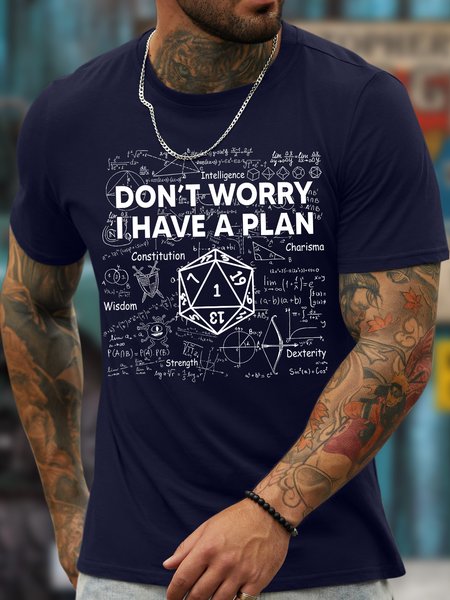 

Men's Don't Worry I Have A Plan Funny Graphic Print Cotton Loose Casual Text Letters T-Shirt, Purplish blue, T-shirts