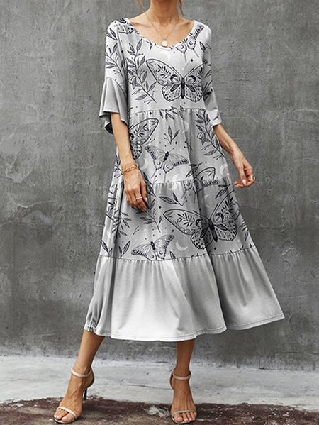 

V Neck Butterfly Loose Casual Dress, Gray, Dresses
