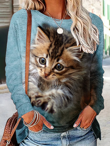 Cat Crew Neck Casual Regular Fit T-Shirt, Multicolor, T-Shirts