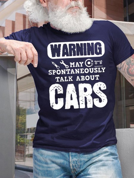 

Men's Warning May Spontaneously Talk About Car Funny Graphic Print Crew Neck Loose Cotton Casual T-Shirt, Purplish blue, T-shirts