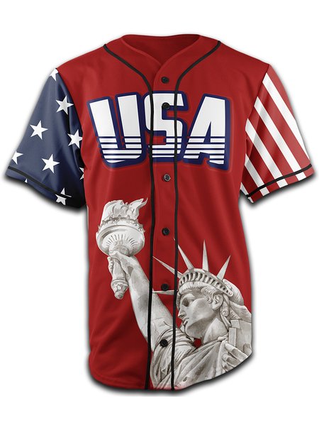 

American Flag Short Sleeve Baseball Jersey, Red, Baseball Shirts