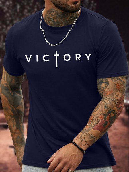 

Men's Victory Religious Funny Graphic Print Cotton Text Letters Casual T-Shirt, Purplish blue, T-shirts