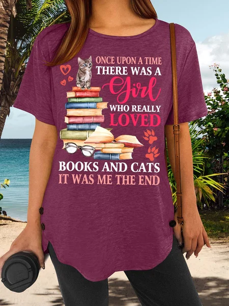 

Women’s Once Upon A Time There Was A Girl Who Really Loved Books And Cats Casual Cotton-Blend T-Shirt, Purple red, T-shirts