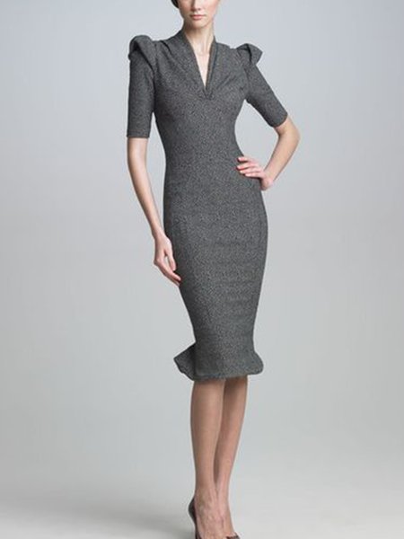 

Regular Fit Plain Elegant V Neck Dress, Gray, Midi Dresses