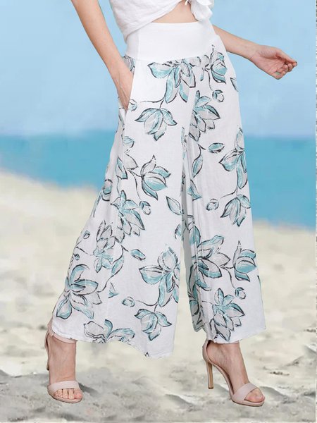 

Loose Floral Vacation Casual Pants, White, Pants