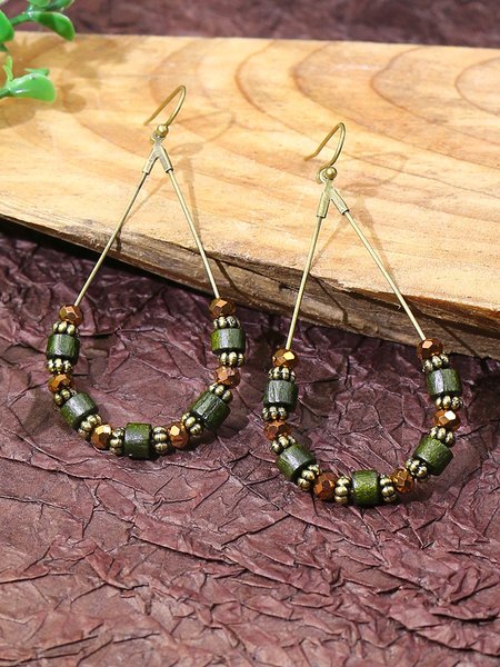

Boho Vintage Wooden Beaded Earrings Ethnic Holiday Jewelry, Green, Earrings