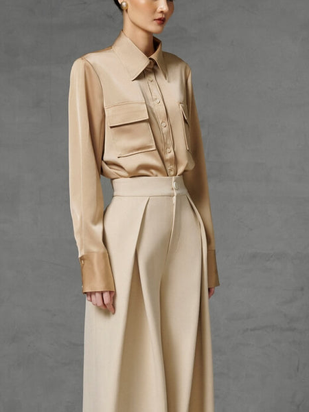 

Elegant Satin Folded Collar Blouse, Beige, Blouses and Shirts