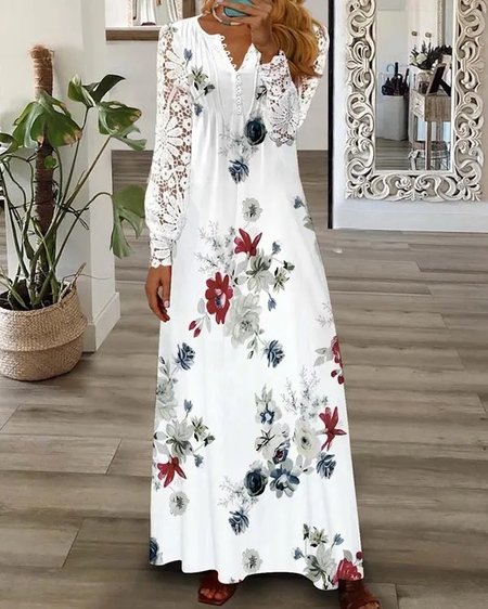 

V Neck Floral Lace Sleeve Casual Loose Dress, White, Dresses