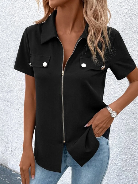 

Zipper Loose Casual Plain T-Shirt, Black, T-Shirts