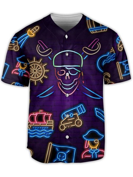 

Pirate Skull Short Sleeve Baseball Shirt, Purple, Baseball Shirts