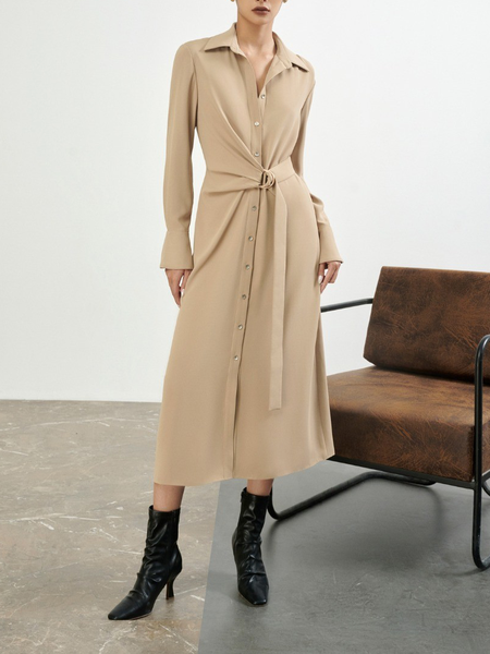 

Plain Elegant Shawl Collar Regular Fit Dress, Light khaki, Midi Dresses