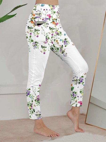 

Floral Casual Loose Cotton-Blend Casual Pants, White, Pants