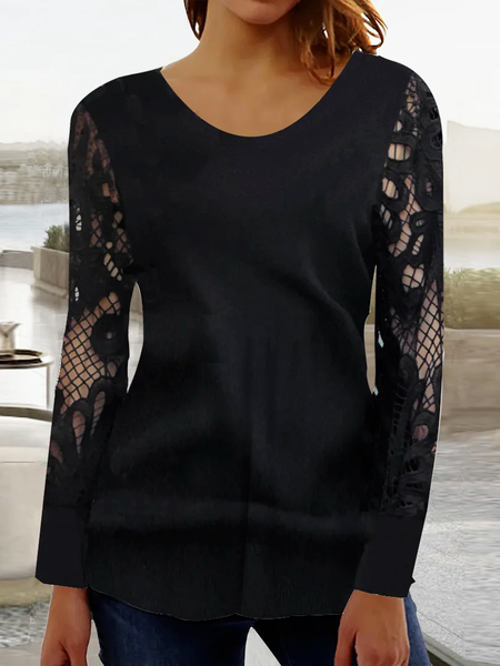

Loose Plain Casual Crew Neck Top, Black, T-Shirts