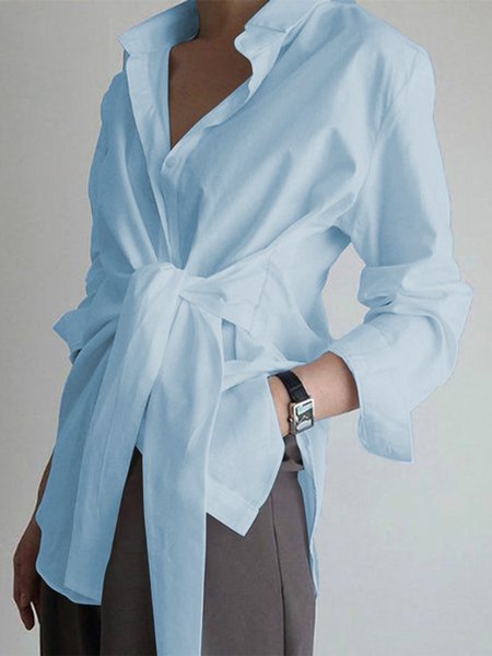 

Regular Fit Urban Shirt Collar Plain Blouse, Blue, Blouses and Shirts