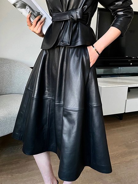 

Pu Elegant High Waist Plain A-Line Skirt, Black, Skirts