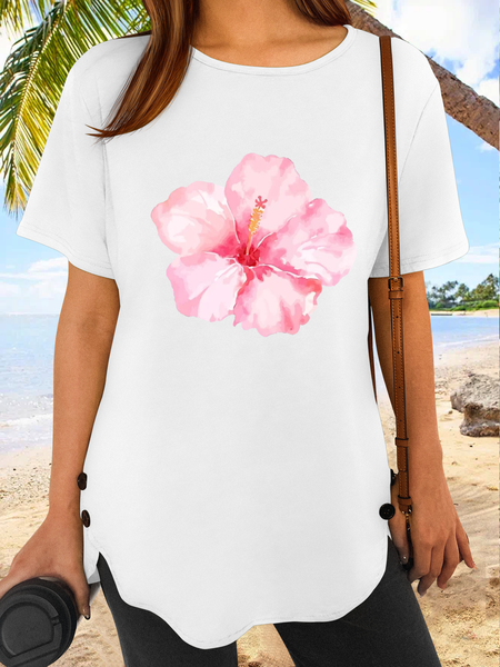 

Women's Loose Casual Floral Crew Neck T-Shirt, White, T-shirts
