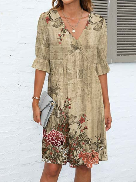 

Casual V Neck Loose Floral Dress, Khaki, Dresses